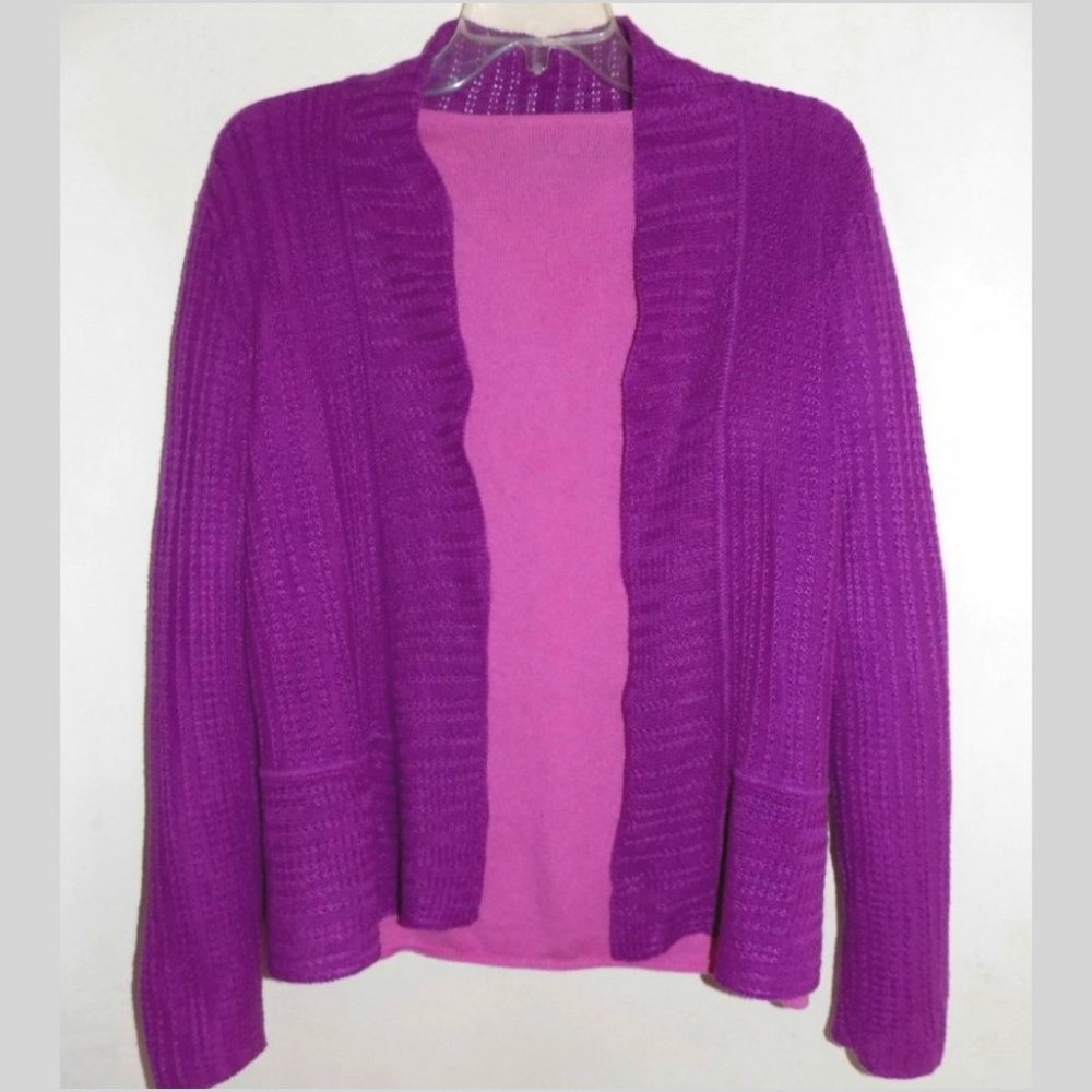 Eileen Fisher purple cardigan PL Pure linen Open front Peplum Sweater Large